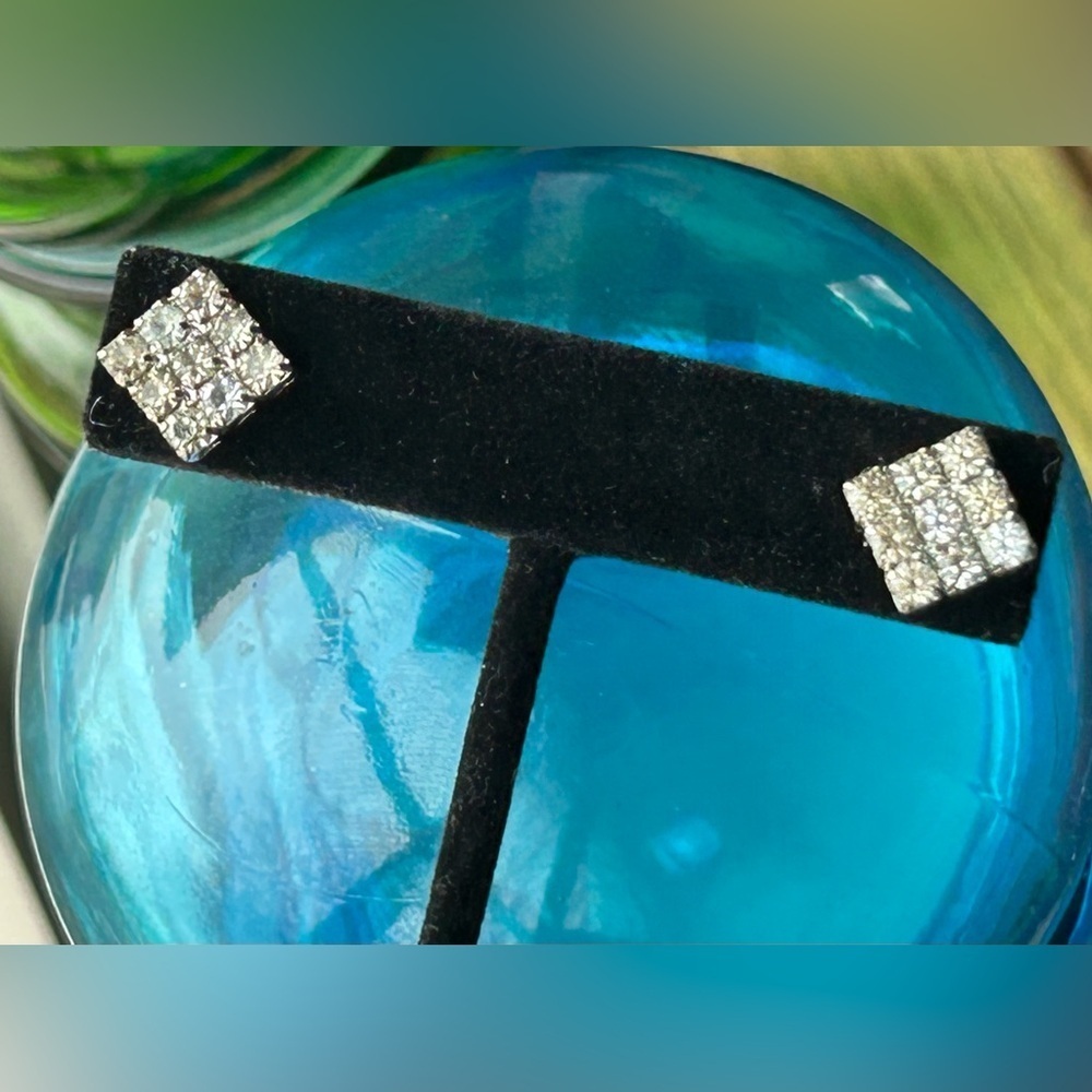 Vintage Square Rhinestone Silver Toned Pierced Earrings - Picture 2 of 7